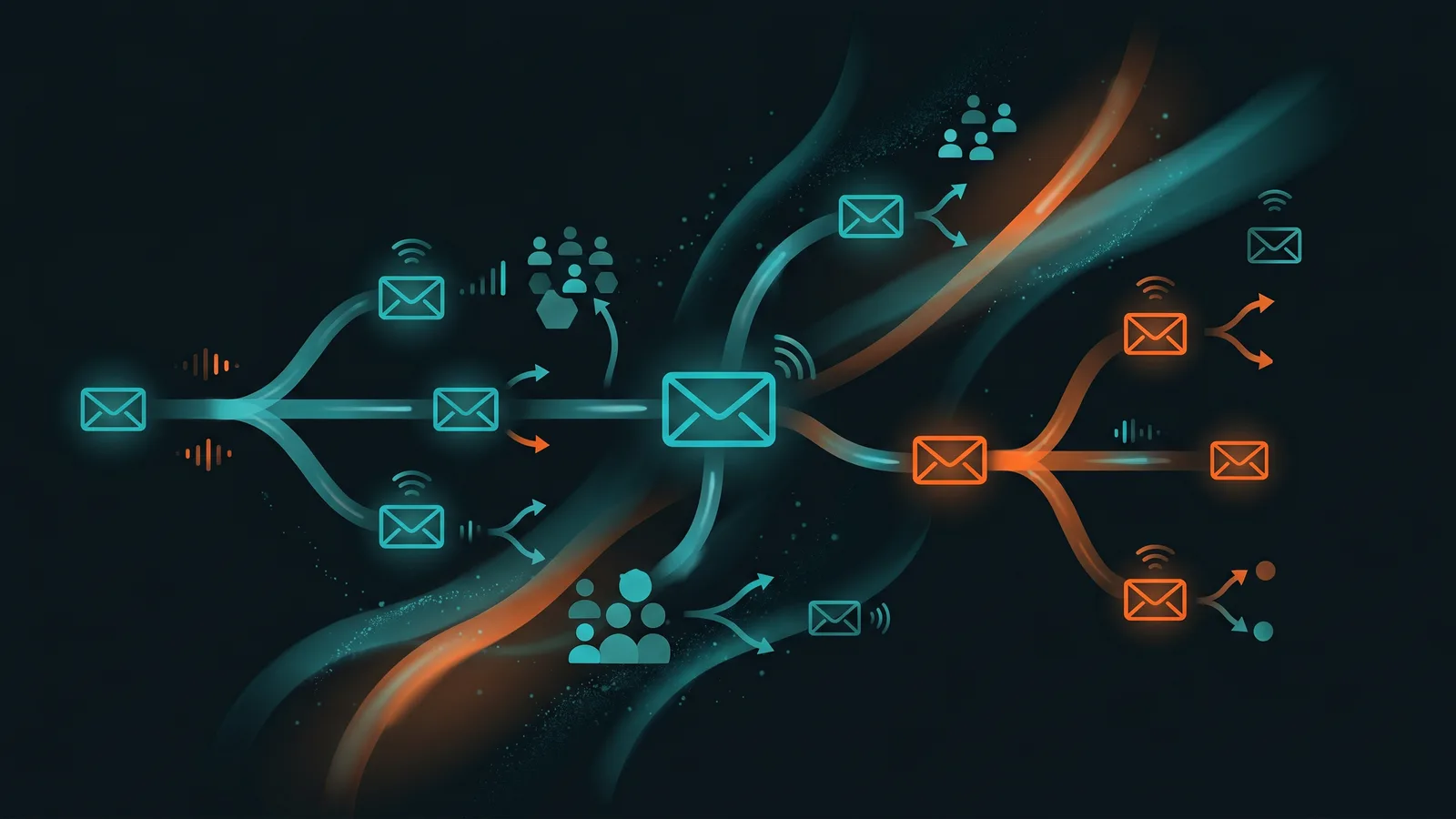 Abstrakte Darstellung automatisierter Marketing-Abläufe mit verzweigten E-Mail-Strecken und Zielgruppen-Segmenten