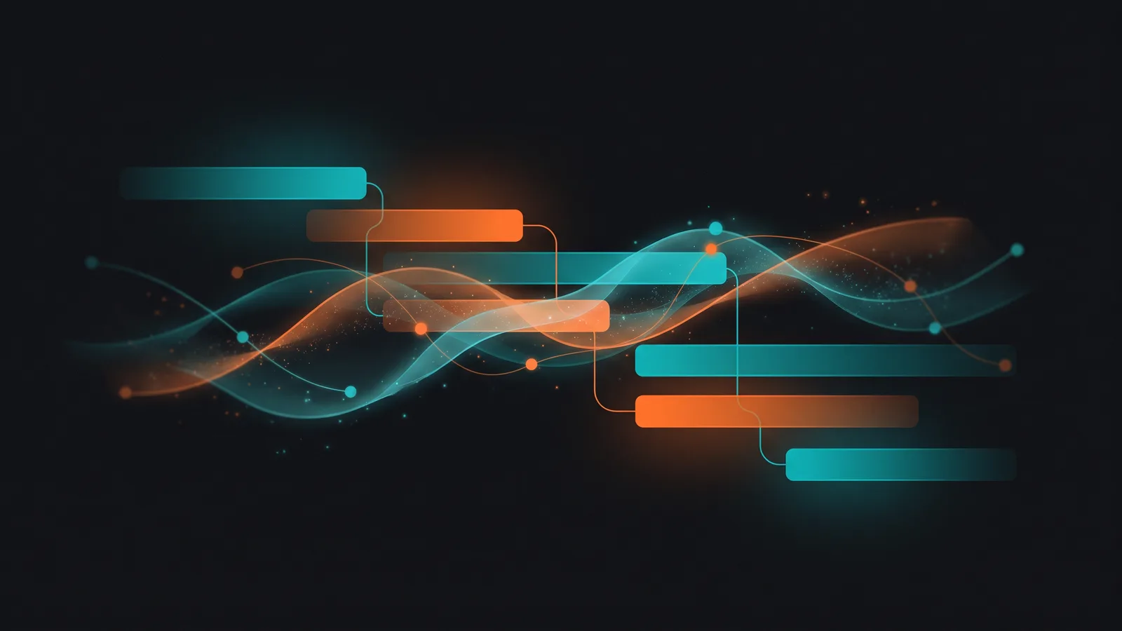 Abstrakte Darstellung eines KI-gestützten Projektplans mit fliessenden Zeitleisten und Datenströmen