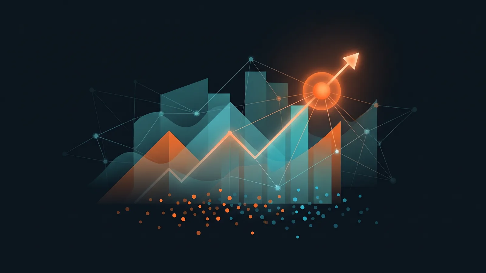 Abstrakte Darstellung KI-gestützter Strategie- und Marktanalyse mit vernetzten Datenpunkten und Trendkurve